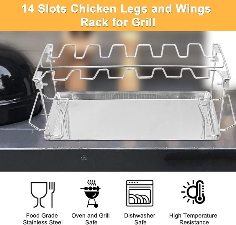 BaokiTook 2 Packs Grill Rack, Chicken Leg and Wing Rack, 14 Slots Chicken Drumsticks Holder, Stainless Steel Roaster Stand for Smoker Grill, Oven, BBQ Accessories - Image 3